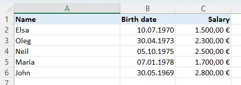 The filled output Excel file with 5 employee rows, all formatting preserved from the template