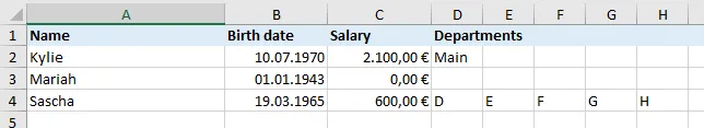 Output showing data expanded horizontally across columns