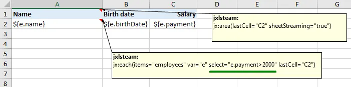 Template with a select filter expression