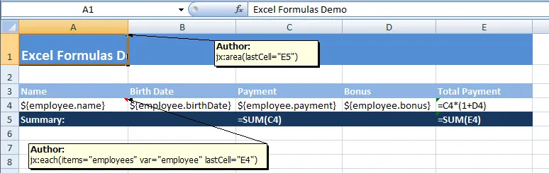 Template with SUM formula referencing a single data row