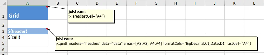 Template with jx:grid command for dynamic grid generation