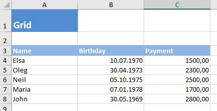 Output showing a filled grid with headers across and data down