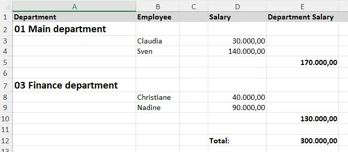 Output showing groups with correct subtotal formulas expanded for each group
