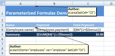 Template showing parameterized formulas with ${taxRate} inside an Excel formula